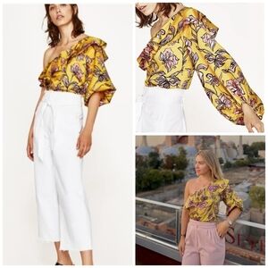 ZARA floral ruffle one shoulder bodysuit S